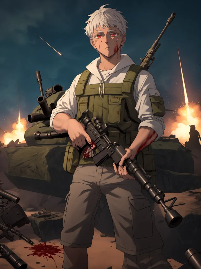 A young man with white hair and red eyes is standing in the middle of a war zone. He is wearing a white shirt, green vest, and brown pants. He is holding a gun and there are tanks and explosions in the background. The man has a determined look on his face and seems to be ready to fight.