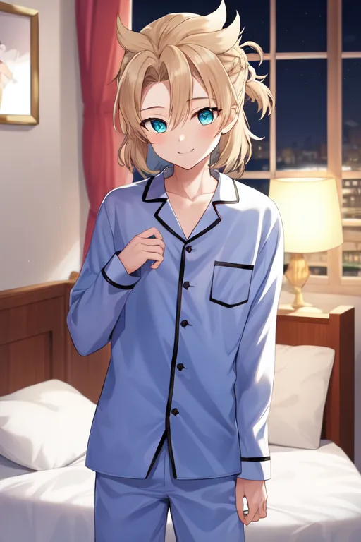 This is an image of a young man in his pajamas. He is standing in a bedroom, and there is a bed behind him. He is wearing a blue pajama top and pants. The top is buttoned up, and he is holding the collar with his right hand. He has blond hair and blue eyes, and he is smiling.