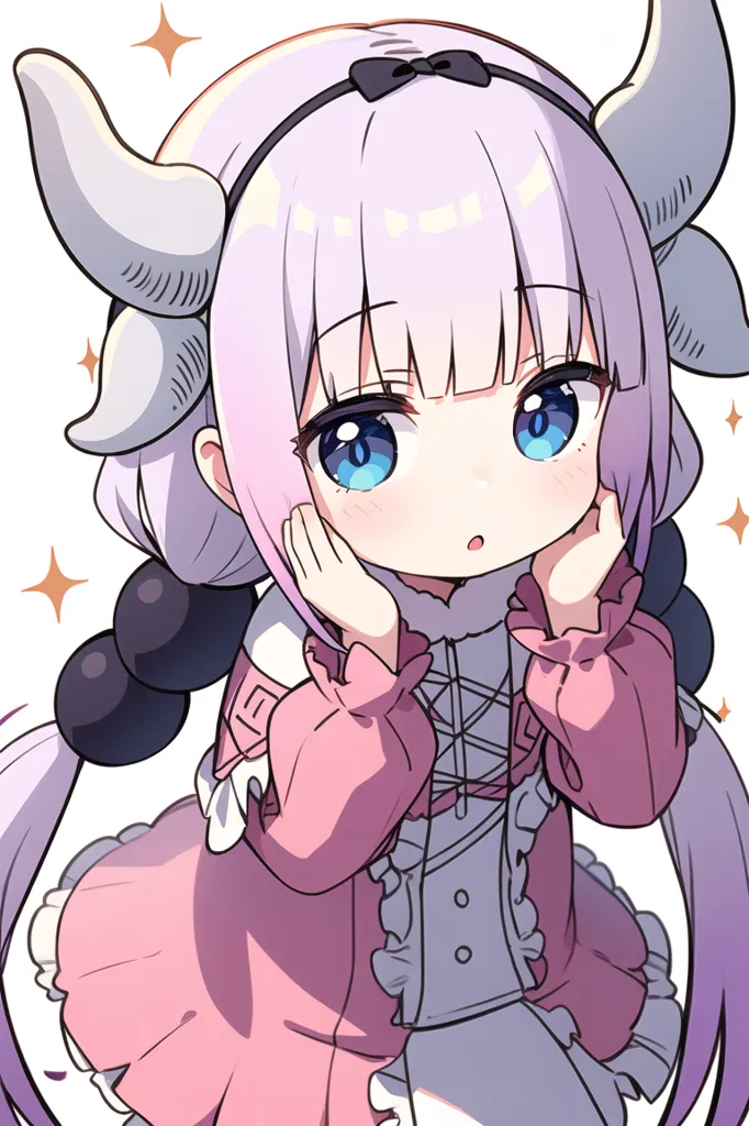 The image contains a cute anime girl with horns and a pink dress. She has purple hair and blue eyes. She is smiling and has her hands on her cheeks. The background is white with some pink sparkles. The girl is drawn in a chibi style, which is a type of anime art that makes characters look cute and childlike.