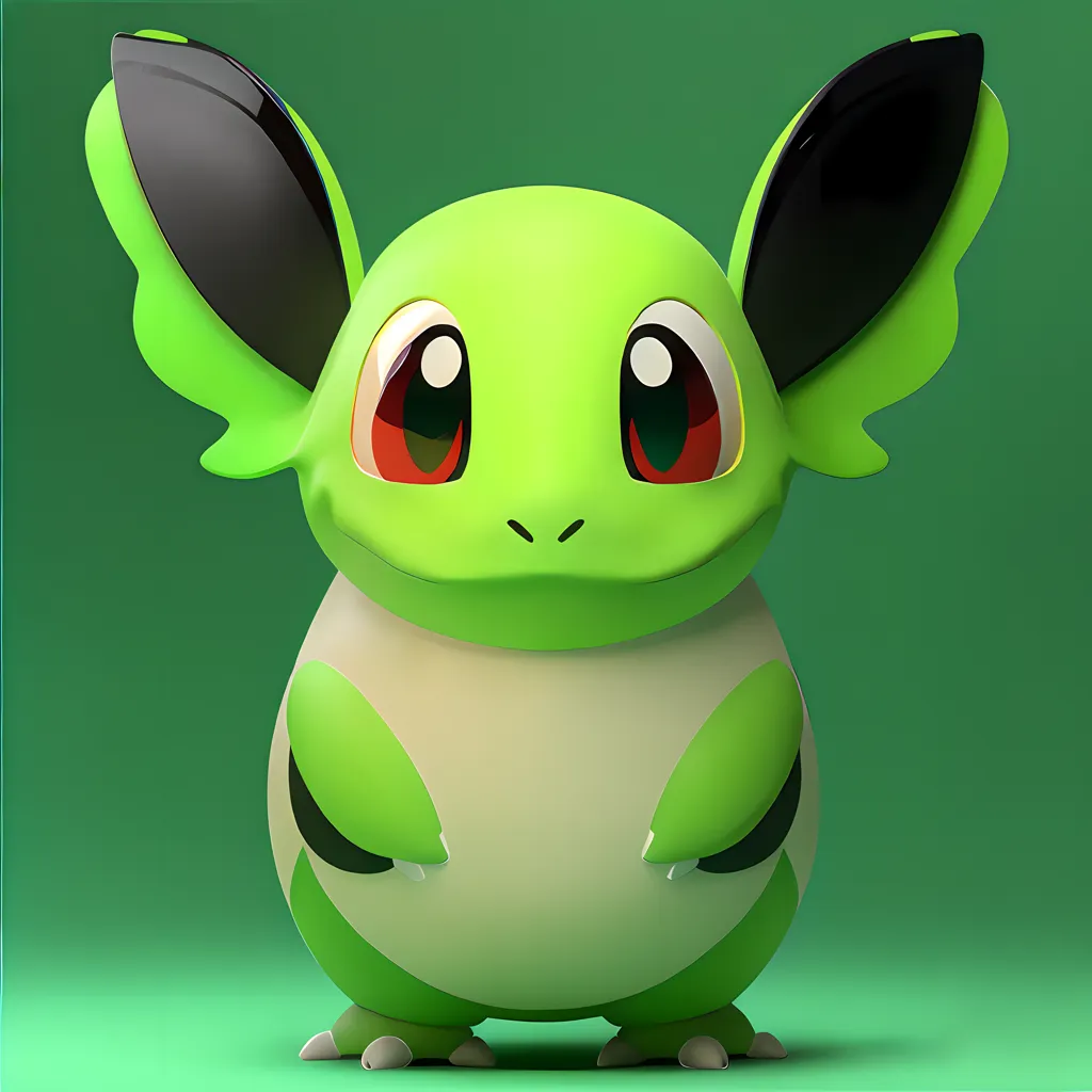 This is an image of a Pokemon, which is a fictional creature from the Pokemon franchise. It is a small, green creature with large ears and red eyes. It has a friendly expression on its face and appears to be happy.