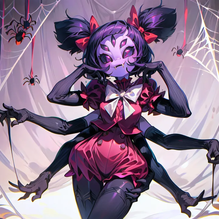 The image is of Muffet from the indie video game Undertale. She is a spider-like creature with purple hair and eight arms. She is wearing a pink dress with a white collar and a large red bow. Her eyes are wide and her mouth is smiling, showing off her sharp teeth. She is standing in front of a white background with a large spider web behind her. There are also several small spiders crawling around her.