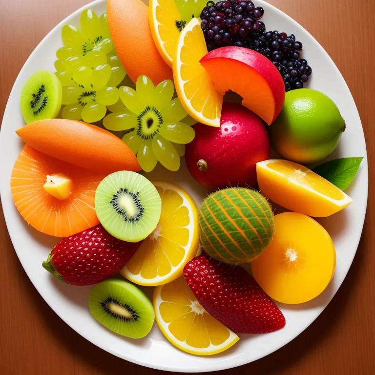 There is a white plate on a wooden table. On the plate are several different kinds of fruit. There are green grapes, strawberries, kiwi, oranges, a lime, and a blood orange. The fruit is arranged in a visually appealing way.