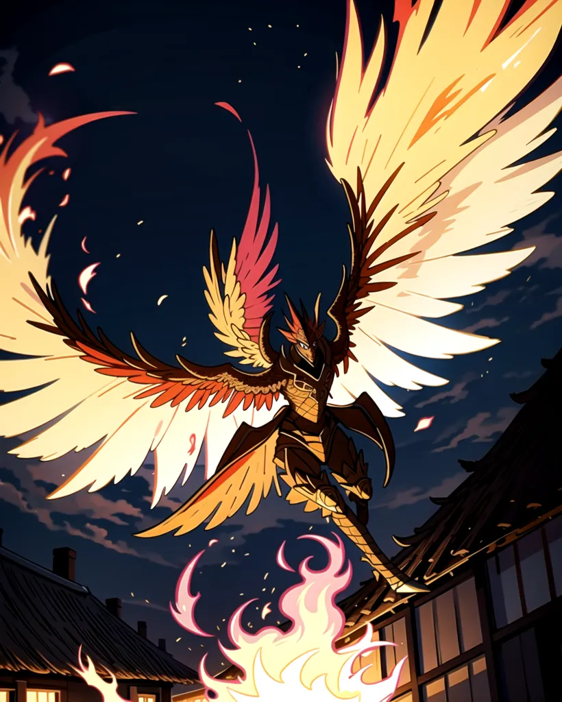 The image is of a phoenix, a mythical bird that is said to be a symbol of hope and renewal. The phoenix is depicted as a large, majestic creature with golden feathers and a long, flowing tail. It is surrounded by flames, which are a symbol of its power and strength. The phoenix is perched on a building, which is likely a reference to its role as a protector of the city. The background of the image is a dark, stormy sky, which adds to the sense of danger and excitement.