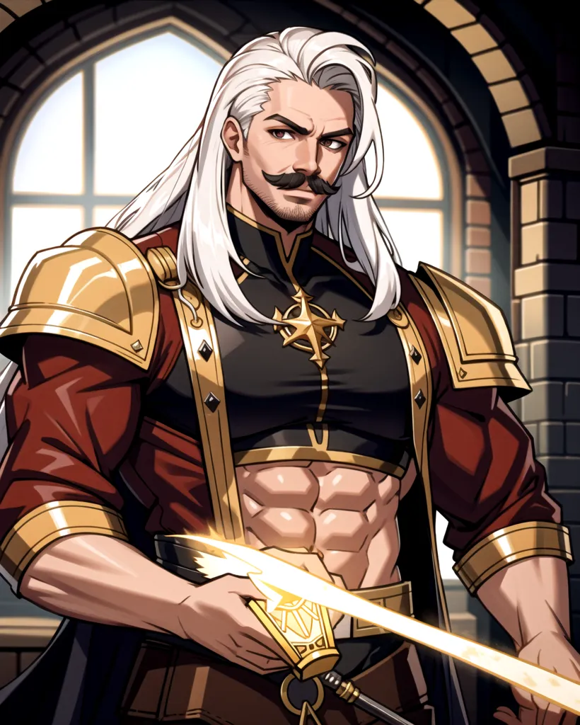 This is an image of a man with long white hair and a mustache. He is wearing a red and gold outfit and has a sword in his hand. He is standing in front of a stone building.