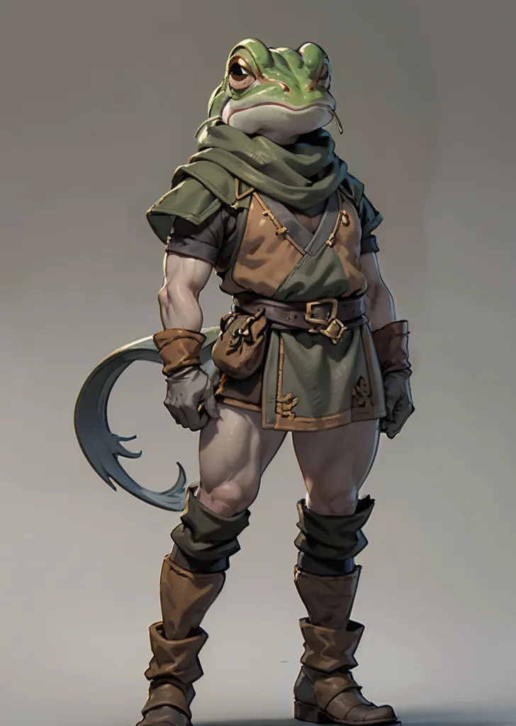 The image is of a humanoid frog creature. It is muscular and stands on two legs, wearing a brown and green outfit similar to that of a ranger or rogue in fantasy video games. It has a green frog-like head with large eyes and a wide mouth. It is also wearing a brown belt with a pouch on it and brown boots. The frog-man is standing in a confident pose, with one hand on its hip and the other holding a weapon of some sort, possibly a sword or dagger.