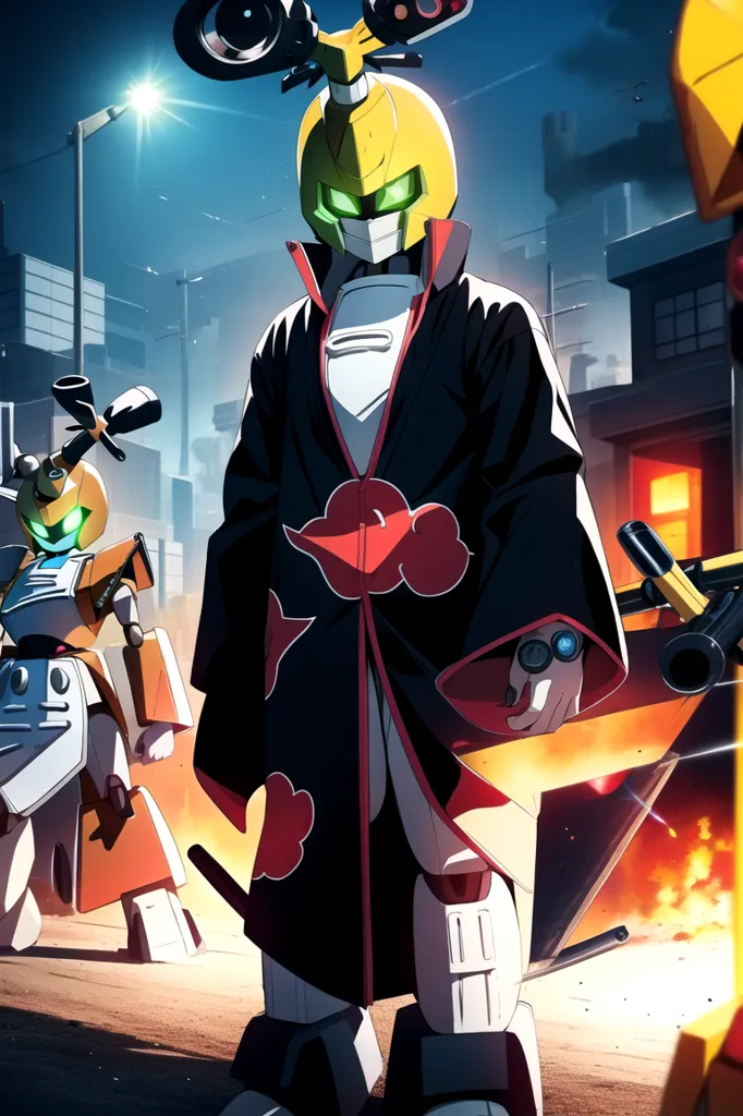 The image is an illustration of a character from the anime series "Gundam". The character is a young man with yellow hair and green eyes. He is wearing a black and red coat with a high collar. The coat has a red cloud pattern on the back. He is also wearing a white mask with a green visor. He is standing in a city street with two other characters. One is a yellow robot with a large gun and the other is a grey robot with a smaller gun. There are explosions and fire in the background.