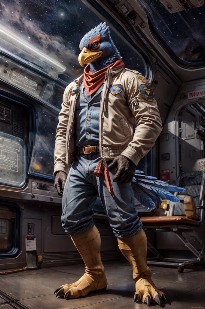 The image shows an anthropomorphic Falco Lombardi, a character from the Star Fox video game series. He is standing in a spaceship, wearing a blue jacket, jeans, and a red scarf. He has a gun in his hand and is looking to the left. The background is a starry space with a planet in the dis