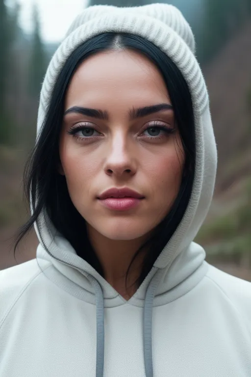 The image shows a young woman, probably in her early 20s, with long, dark hair, light eyes, and a warm smile. She is wearing a white hoodie and looking at the camera with a confident expression. The background is blurred.