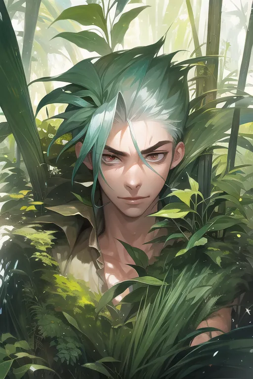 This image shows a young man with green hair and brown eyes. He is standing in a lush, green forest. He is wearing a white shirt that is partially unbuttoned, showing his chest. The collar of his shirt is popped up. He has a serious expression on his face. He is looking at the viewer with his left eye. His right eye is mostly covered by his hair.