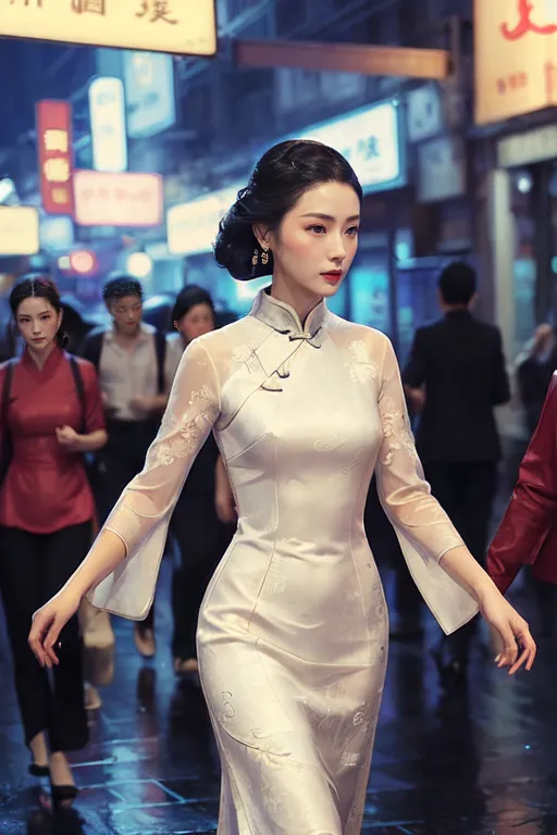 The image shows a woman wearing a white cheongsam with a high collar and an asymmetrical hem. The cheongsam is made of a silky fabric and has a floral pattern embroidered on the sleeves. The woman's hair is pulled back in a bun and she is wearing red lipstick. She is standing in a street that is lit by neon lights and there are people walking in the background.