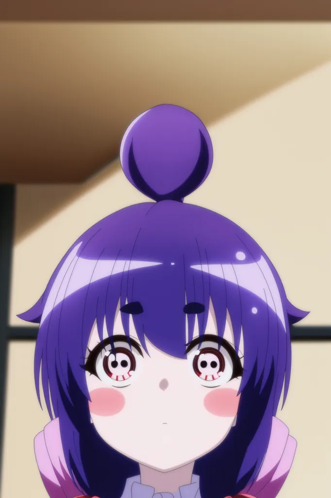 The image shows an anime-style girl with purple hair and red eyes. She is looking at the viewer with a curious expression. She is wearing a white shirt. The girl has a large ahoge on her head.