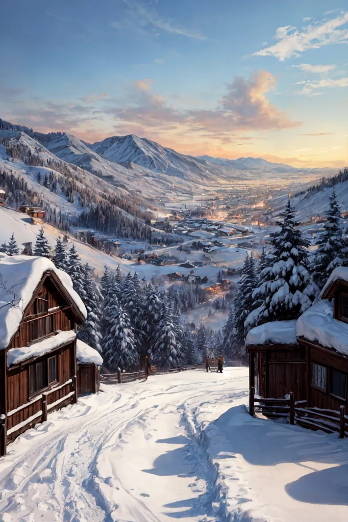 The image shows a beautiful winter landscape with snow-capped mountains and a valley filled with snow-covered trees and houses. The sky is a clear blue with a few clouds. The sun is setting, casting a warm glow over the scene. There are two wooden houses in the foreground, and a ski slope leading down the hill. There are also several skiers skiing down the hill. The image is very peaceful