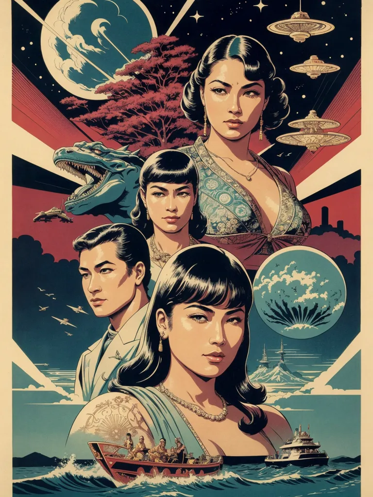 The image is a poster for a science fiction movie. It is set in a retro-futuristic world where people dress in a mix of 1940s and 1950s styles with advanced technology. The poster features four characters: two men and two women. The men are both dressed in suits, while the women are both wearing dresses. The women are all beautiful, with long, dark hair and perfect figures. The men are both handsome, with strong jaws and determined expressions. The poster is set against a backdrop of a city skyline, with flying saucers in the sky and a large monster. The text at the top of the poster reads: "The Adventures of the Star Rovers".