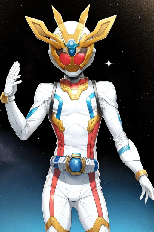 The image shows a character from the Kamen Rider series, with a white and gold suit. The character is standing with his left hand raised, and his right hand at his side. He has a red and blue visor, and a yellow and blue belt. The background is a starry night sky.