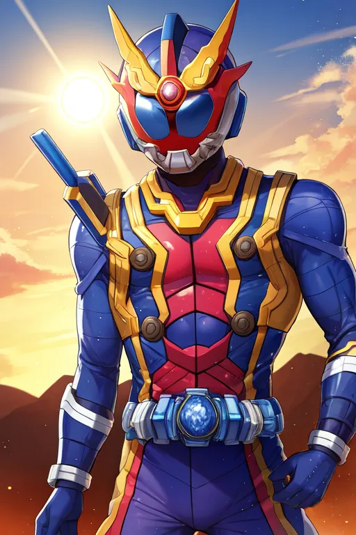 The image shows a man in a red, blue, and yellow superhero suit. He has a yellow helmet with a red visor and a blue chest plate. His arms and legs are blue with yellow stripes. He also has a red belt with a yellow buckle. He is standing in a desert with a bright yellow sky in the background.