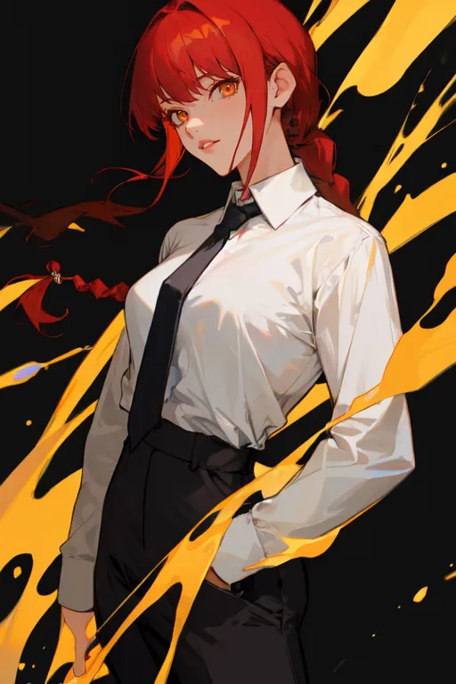 This is an image of a woman with red hair and yellow eyes. She is wearing a white dress shirt and black pants. She has a serious expression on her face. There is yellow paint-like substance on her clothes and surrounding her.