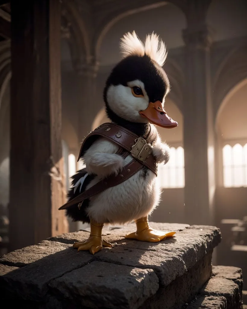 This image shows a duck wearing a brown leather armor with golden buckles. The duck is standing on a stone ledge in what appears to be a ruined building. The duck is looking to the right of the frame. The background is blurry, but it looks like there are some large windows in the distance.