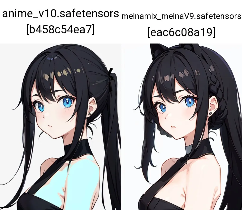 The image shows two anime-style girls with black hair and blue eyes. They are both wearing black outfits. The girl on the left has a ponytail, while the girl on the right has cat ears.