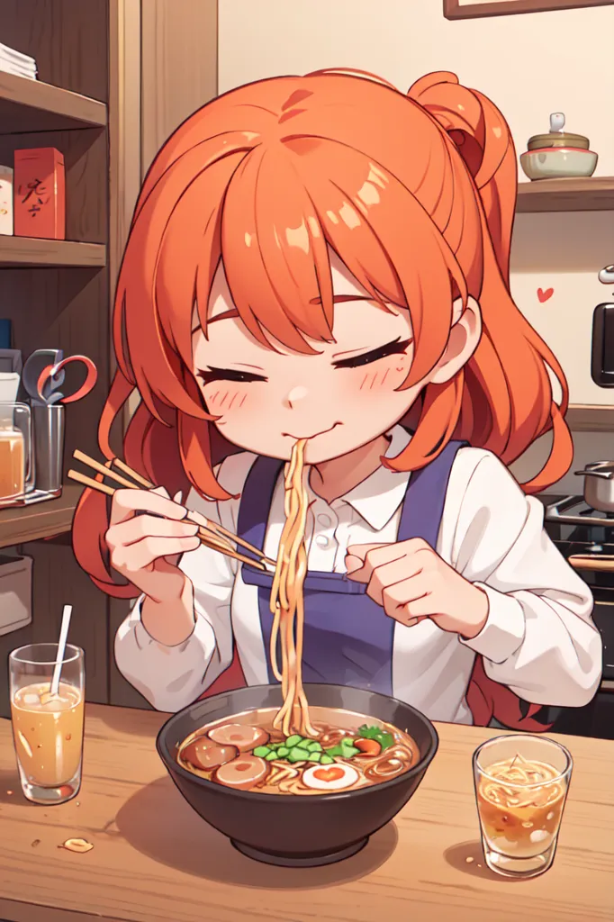 The image shows a young girl with orange hair and a ponytail eating a bowl of ramen. She is sitting at a table in a kitchen and is using chopsticks to eat the ramen. The girl is wearing a white shirt and a blue apron. The ramen bowl is on the table in front of her and there are two glasses on the table, one with orange juice and the other with water. The girl has a happy expression on her face and is enjoying her meal.