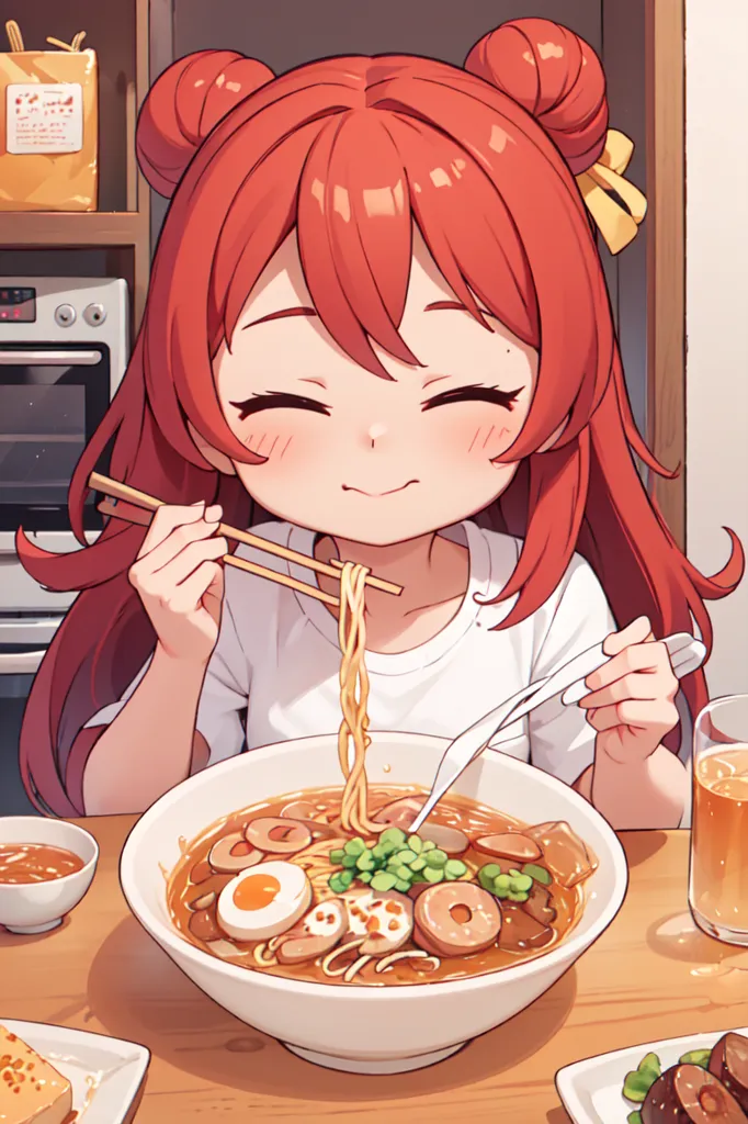 The image shows a young girl with red hair and yellow hair ties. She is wearing a white shirt and is eating a bowl of ramen with chopsticks and a spoon. The bowl is filled with noodles, broth, and various toppings such as an egg, scallions, and pork. The girl has a happy expression on her face and is enjoying her meal. In the background, there is a counter with a microwave and other kitchen appliances.