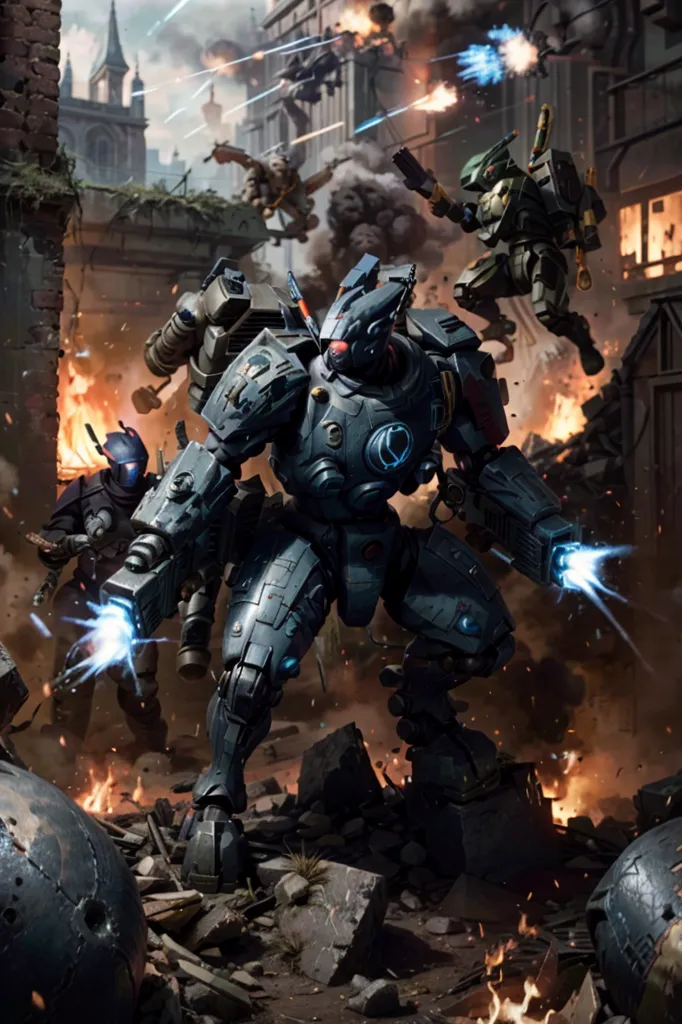 The image shows a scene from a war. There are several soldiers in the foreground, all of whom are wearing armor and carrying guns. In the background, there is a city that is being destroyed by the war. There are explosions and fires everywhere, and buildings are collapsing. The soldiers are all fighting for their lives, and it is clear that the battle is far from over.