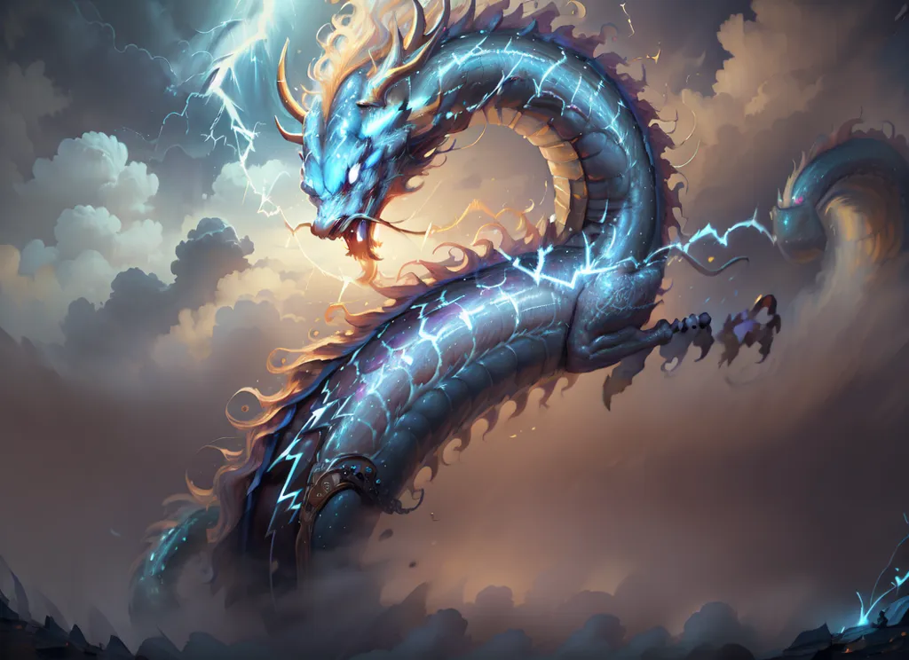 The image is of a blue dragon with yellow and white details. The dragon is flying in a stormy sky, surrounded by clouds and lightning. The dragon has a long, serpentine body and a large head with horns. It is also covered in scales and has a long, forked tongue. The dragon's eyes are glowing white, and it has a fierce expression on its face. The storm around the dragon is raging, with dark clouds and lightning bolts. The dragon is flying towards the viewer, and it seems to be ready to attack.