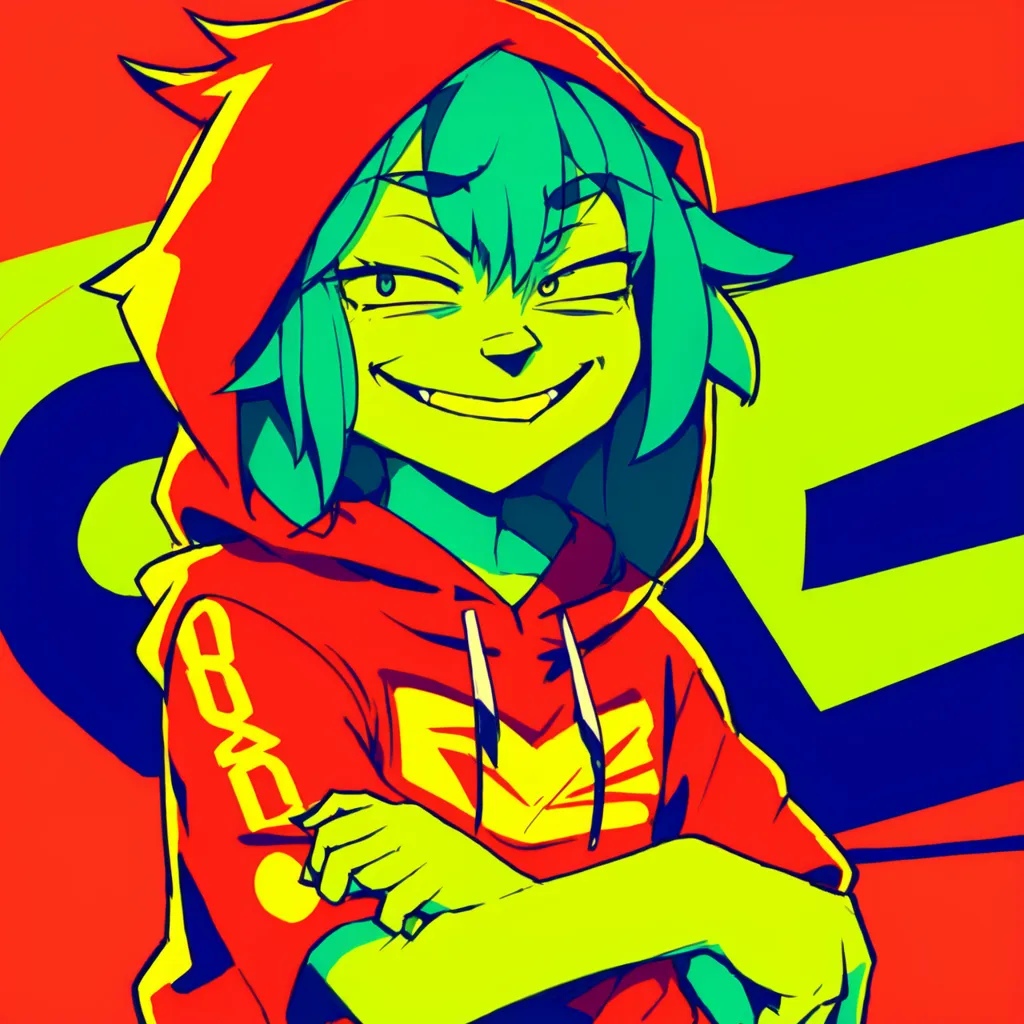 This is a picture of a person with green hair and red eyes. They are wearing a red hoodie with yellow and white details. The background is a bright yellow with a blue and red shape in the corner. The person has a mischievous smile on their face and is looking at the viewer.