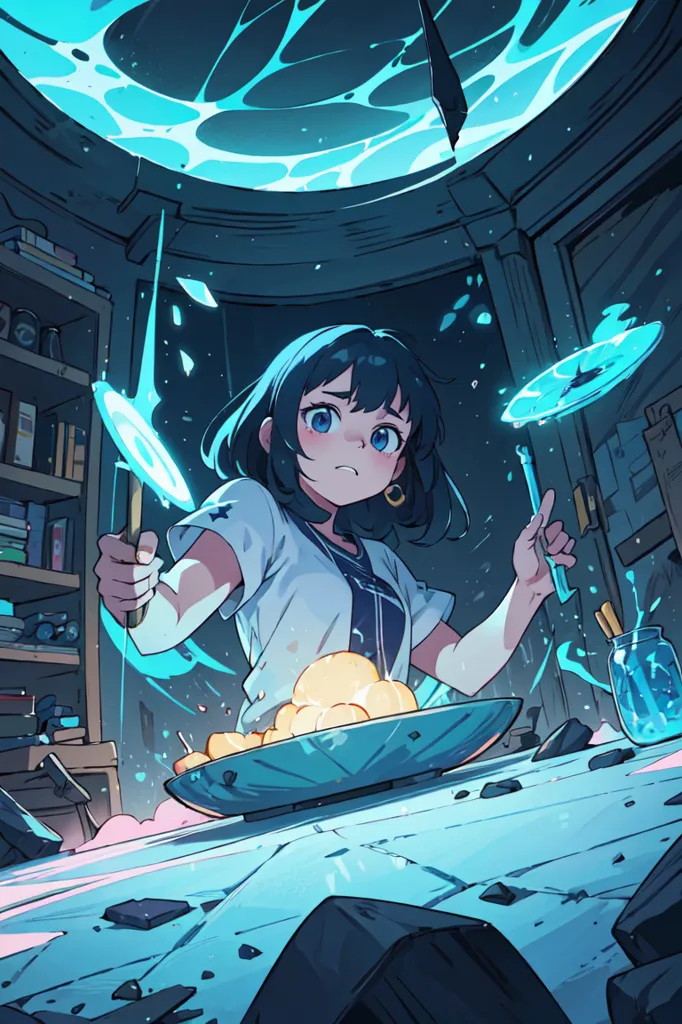 The image is of a girl in a white shirt and blue skirt cooking in a kitchen. She has short blue hair and brown eyes. She is holding a frying pan and a spatula, and there is a bowl of food on the table in front of her. The background is a blue-grey color, and there are shelves on the walls with various objects on them. The girl is looking at the food in the bowl with a smile on her face.