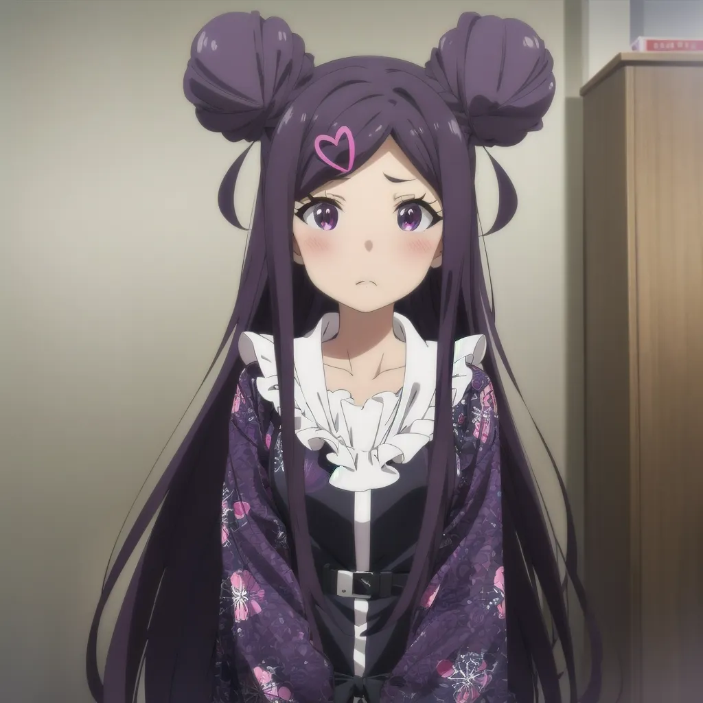 The image shows an anime girl with purple hair and purple eyes. She is wearing a black and purple kimono with a white collar. Her hair is tied up in two buns and she has a heart-shaped ahoge. She is looking at the viewer with a slightly embarrassed expression on her face.