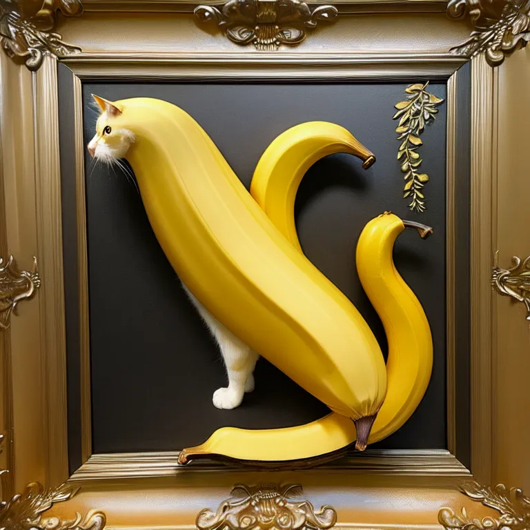 This is a digital composite image of a cat-banana hybrid. The image is set against a black background and the cat-banana is sitting on a gold pedestal. The cat-banana has a white head and paws, and the body of a banana. The banana peel is yellow and has brown spots. The cat-banana is looking to the left of the frame. The image is surreal and humorous.