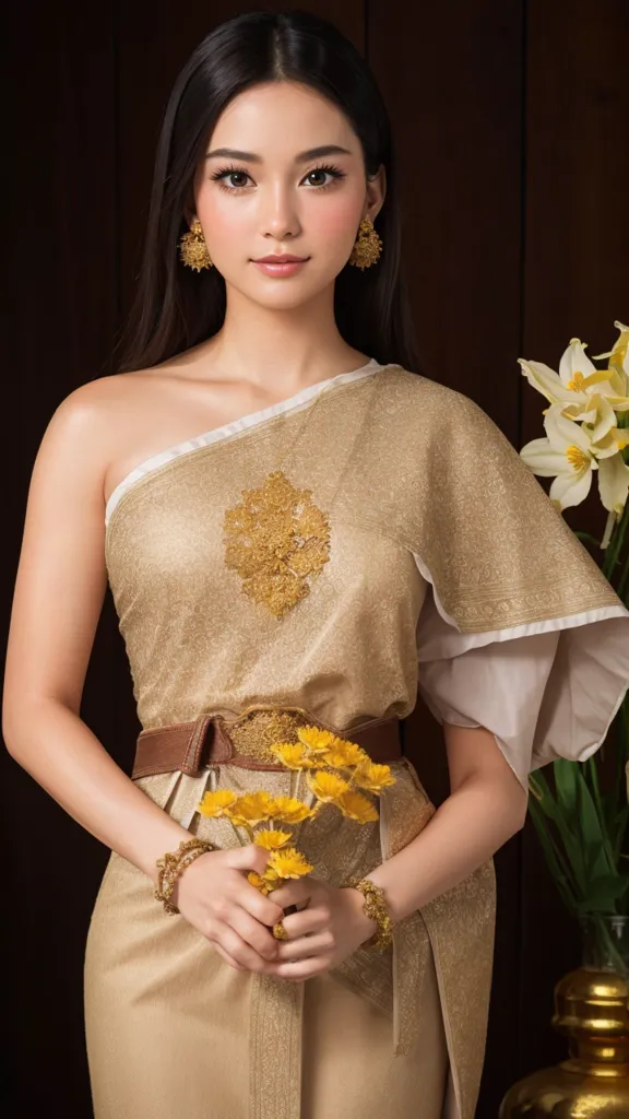 The image shows a young woman wearing a traditional Thai dress. The dress is gold with white and brown accents. The woman has long black hair and is wearing gold earrings and a brown belt. She is also wearing a flower in her hair. The background is a dark brown.