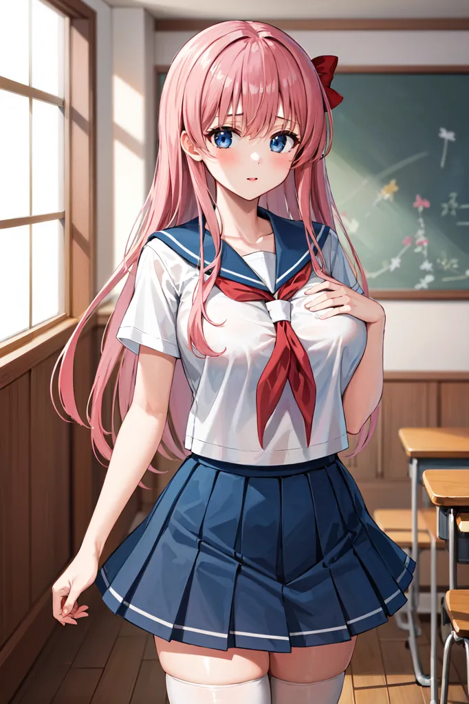 The image shows a young girl with pink hair and blue eyes. She is wearing a white shirt with a red scarf, a blue skirt, and white socks. She is standing in a classroom, and there is a blackboard behind her. The girl is looking at the viewer with a shy expression on her face.