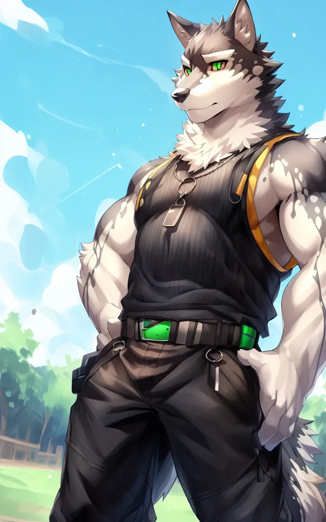 The image is of a muscular wolf furry with grey and white fur. He is wearing a black tank top and black pants with a green belt. He has a confident expression on his face and is standing with one hand on his hip. The background is a blue sky with white clouds.