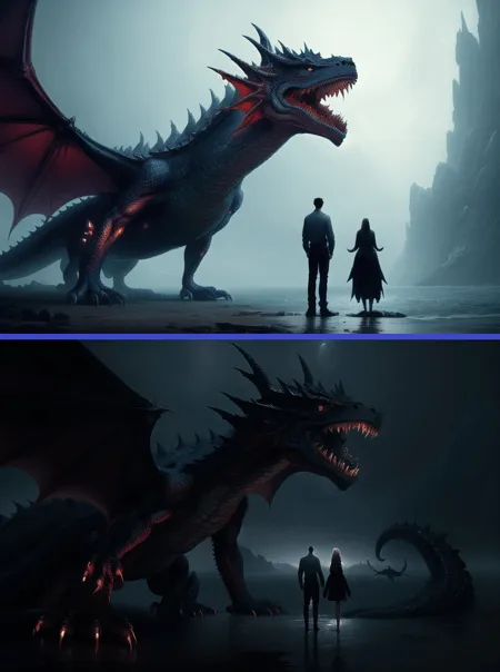 The image is of a dragon standing on a rocky cliff. The dragon is black with red wings and a long tail. It has a large mouth with sharp teeth. There is a man and woman standing in front of the dragon. The man is wearing a brown shirt and the woman is wearing a white dress. The background of the image is a dark sky with a full moon. The image is very dark and moody.