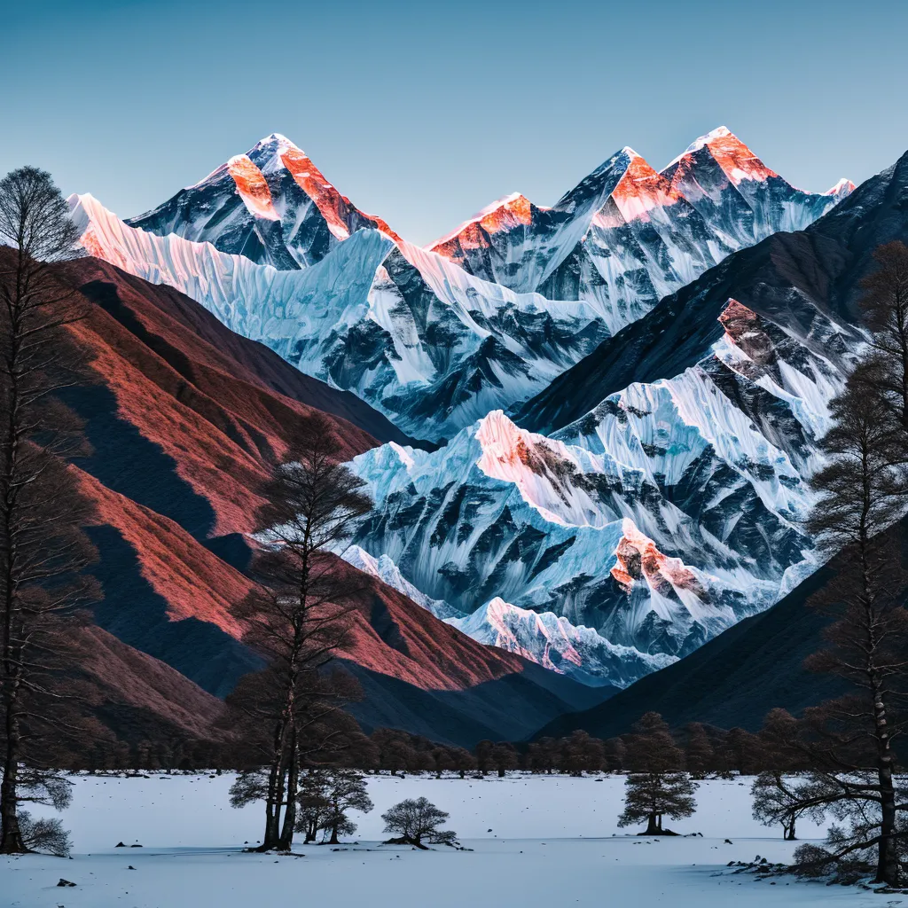 图像显示远处有雪峰覆盖的山脉,前景是一个山谷。山峰被阳光照耀,似乎是日落或日出时分。天空呈深蓝色,山上的雪白皑皑。山谷被积雪覆盖,前景有几棵树木。这些树木枝干裸露,也被雪所覆盖。整个图像给人一种非常宁静祥和的感觉。