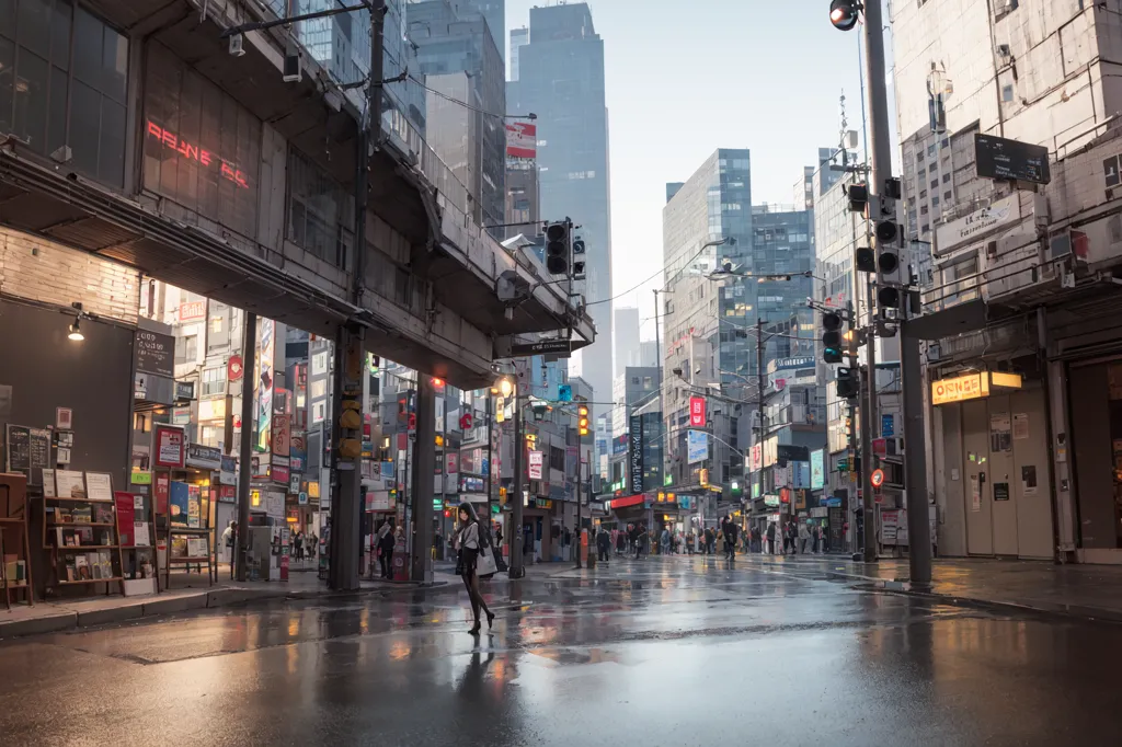 这张图片是一个现代城市的街景。这是一条宽阔的街道,前景有一个人行横道。两侧都有高楼大厦,还有几棵树。街道因为下雨而潮湿,地面上有一些水坑。有人在街上行走,也有人正在过马路。路边还停着一些汽车。这个画面是在早晨,阳光透过雨幕照射进来。