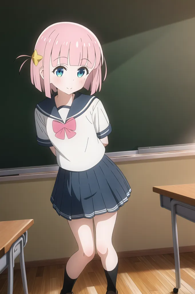 The image shows a young girl with pink hair and blue eyes. She is wearing a white shirt, a blue skirt, and a pink bow. She is standing in a classroom, and there is a blackboard behind her. The girl is looking at the viewer with a shy smile on her face.