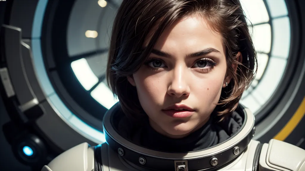 This is an image of a young girl in a spacesuit. She has short brown hair and brown eyes. She is looking at the camera with a serious expression. She is wearing a white spacesuit with a black collar. The spacesuit has a pattern of small circles all over it. There is a large round object with a blue light in the background.