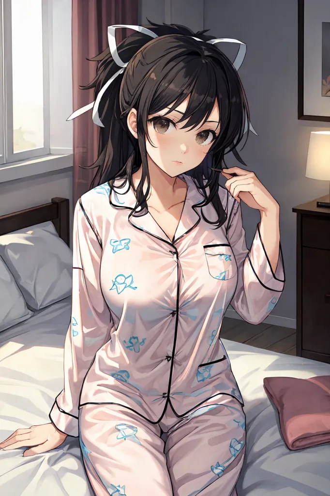 A young woman with long black hair and brown eyes is sitting on a bed in a bedroom. She is wearing a pink and white pajama set. The pajama top is unbuttoned, exposing her cleavage. She is looking at the viewer with a shy expression on her face. The bed is unmade, and there is a nightstand with a lamp on it in the background.