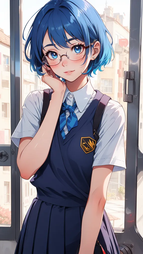 This is an image of a young girl with blue hair and blue eyes. She is wearing a white shirt, a blue tie, and a blue skirt. She is also wearing glasses. She is standing in front of a door, and she has a thoughtful expression on her face.