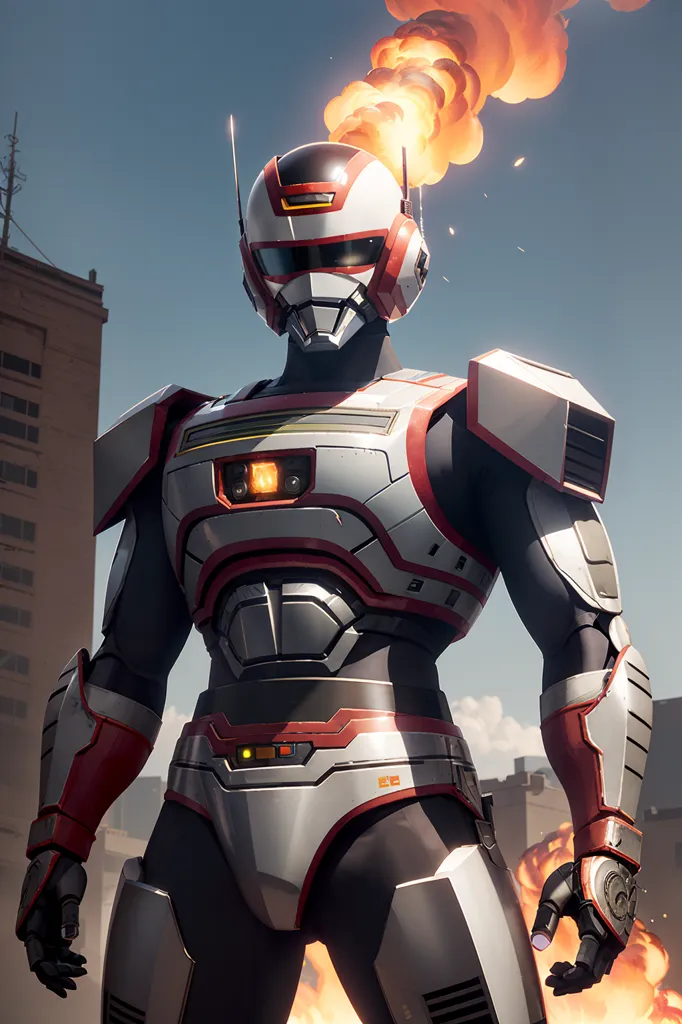 The image shows a superhero wearing a red and white suit of armor. The helmet has a red visor and there is an orange flame design on the chest. There are buildings in the background and an explosion behind the superhero.