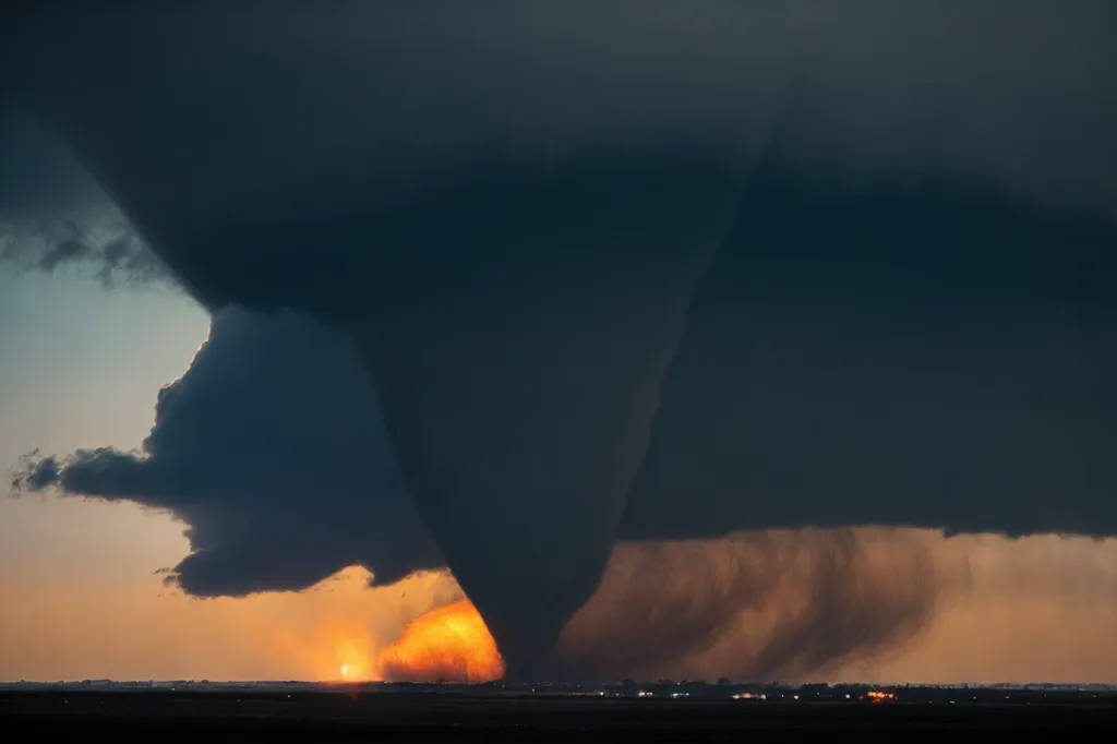 The image shows a large tornado. The tornado is dark and ominous, and it is clear that it is a powerful force of nature. The tornado is surrounded by a dark cloud, and the sky is lit up by a bright orange light. The tornado is also surrounded by a large amount of debris, which is being sucked up into the vortex. The tornado is a dangerous and destructive force, and it is clear that it is capable of causing a lot of damage.