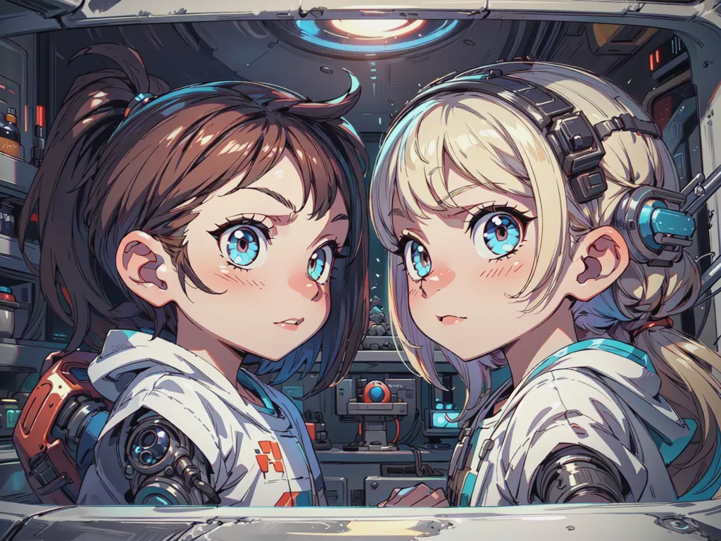 The image is of two anime girls in a spaceship. The girl on the left has brown hair and blue eyes, and she is wearing a white spacesuit with a red and blue stripe on the shoulder. She has a robotic arm and a ponytail. The girl on the right has blonde hair and blue eyes, and she is wearing a white spacesuit with a blue stripe on the shoulder. She has a robotic arm and a headset. They are both looking at the viewer.