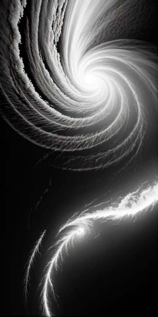 The image is in black and white. It shows a tornado or hurricane. The tornado is surrounded by clouds. The tornado is shaped like a funnel. The clouds are shaped like waves. The tornado is in the center of the image. The tornado is very tall. The tornado is very wide. The tornado is very powerful.