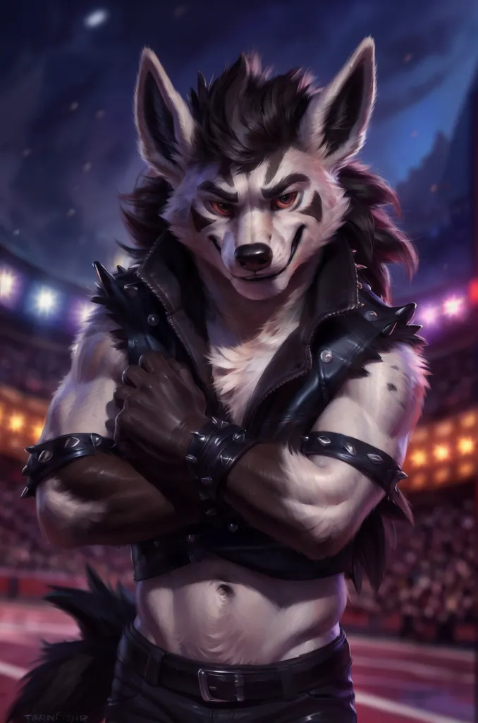 The image is of a muscular wolf-like creature with dark fur and red eyes. It is wearing a black leather vest with spikes on the shoulders and arms. The vest is open, showing off its muscular chest and abdomen. The creature is standing in a confident pose, with its arms crossed over its chest. It has a smug expression on its face, as if it is challenging the viewer to a fight. The background is a blurred image of a stadium, with lights and a crowd of people cheering.