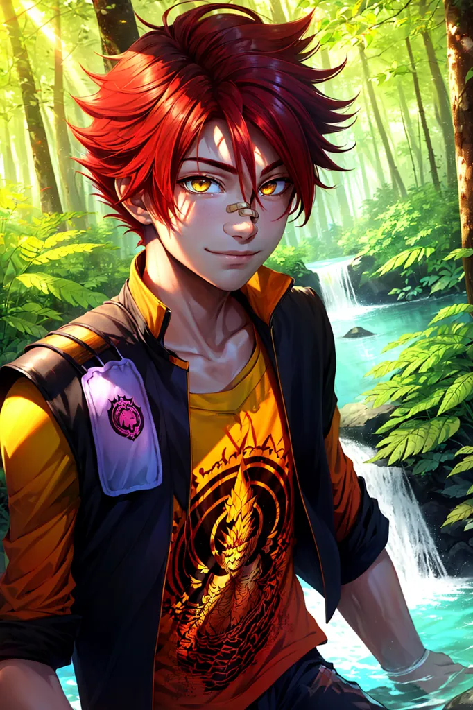 This is an image of a young man with red hair and yellow eyes. He appears to be in a forest, with green trees and a waterfall in the background. He is wearing a yellow shirt with a black jacket and has a bandage on his nose. He has a determined expression on his face.