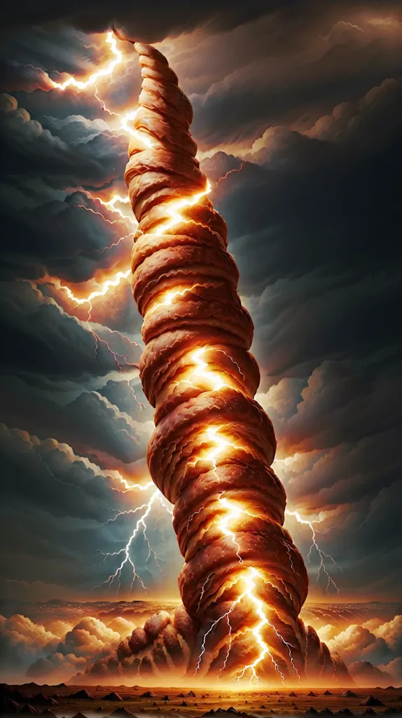 The image shows a large tornado made of bread. The tornado is surrounded by lightning and dark clouds. The tornado is very tall and wide, and it is unclear what is causing it. The image is very dramatic and awe-inspiring.