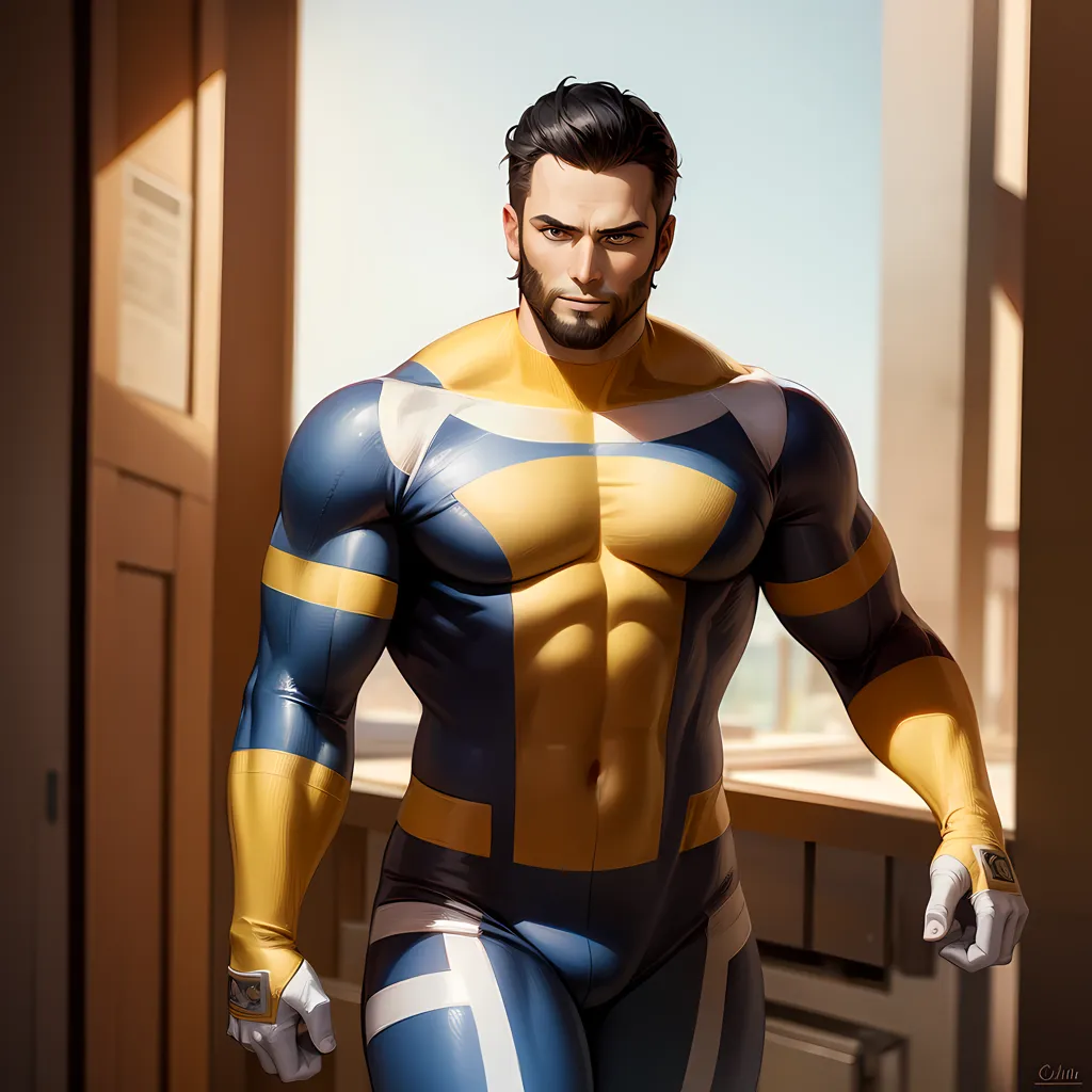 This is a picture of a superhero. He is wearing a blue and yellow suit. The suit has a white circle on the chest area. He has black hair and brown eyes. He is muscular and tall. He is standing in a room. There is a door behind him.