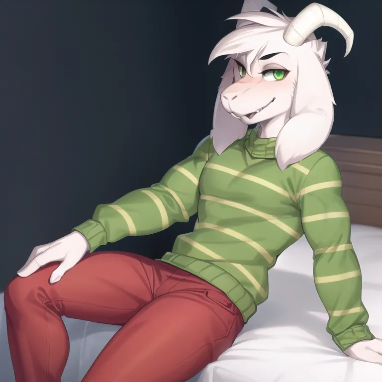 The image is of a character from the Undertale video game. The character is Asriel Dreemurr, a goat-like monster who is the adoptive brother of the protagonist, Frisk. Asriel is shown here in his "god of hyperdeath" form, which is a powerful form that he takes on during the game's final battle. He is sitting on a bed, with one hand resting on his leg and the other holding a book. He is wearing a green and white striped sweater and red pants. He has a confident expression on his face.