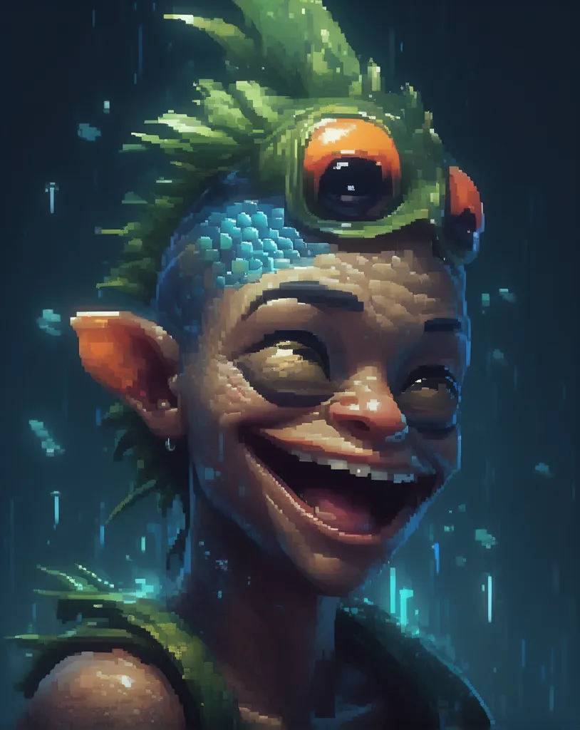 This image shows a creature with green hair and blue skin. It has a wide smile on its face and is looking at the viewer. It is wearing a green vest and has a strange device on its head. It looks like it is made of pixels and has a cartoony style.